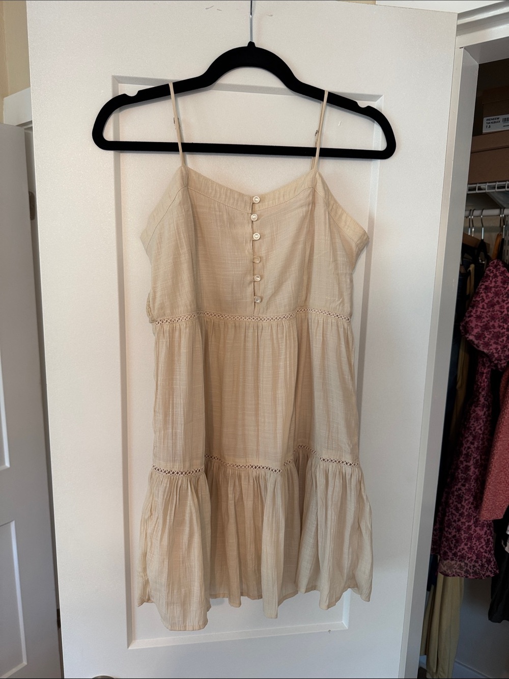 Cream Spaghetti Strap Button-Front Romantic Boho Sundress